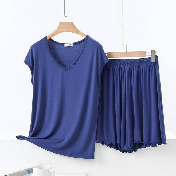 pstuiky Pajamas for Women Shorts Set Oversized Solid Color Comfortable Pajama Sets Summer Loose Fit V-Neck Short Sleeve Sleepwear with Shorts Blue L