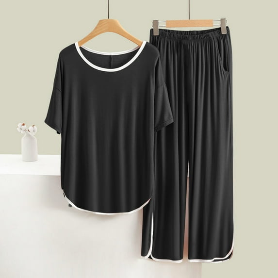 pstuiky Pajamas for Women, Women Solid Color Short Sleeve Round Neck Blouses Shirts Sets and Long Pants Classic Fit Stylish Plus Size Homewear Plus Size Loungewear Hot Prices Black XL