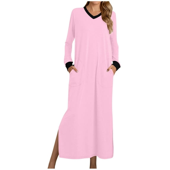 pstuiky Pajamas for Women, Womens Nightgowns V Neck Sleepshirts Long Sleeve Soft Sleepwear Side Split Nightwear Long Nightdress Plus Size Loungewear with Pockets