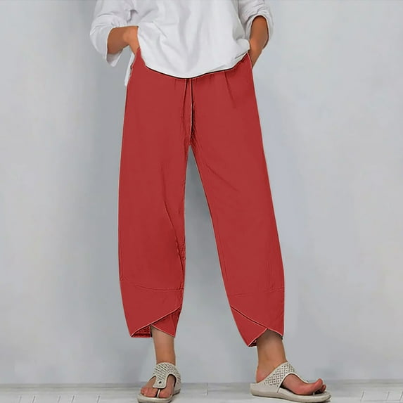 pstuiky Pants, Women Solid Color Mid Waist Relaxed Fit Comfy Plus Size Full Trousers Wide Leg Pants Gift for Girl Hot Prices Red XL