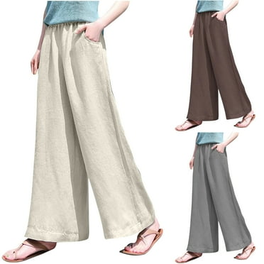 pstuiky Pants, Women Solid Color Mid Waist Relaxed Fit Trendy Oversized Full Trousers Elastic Waisted Gift for Women Save Big Beige L