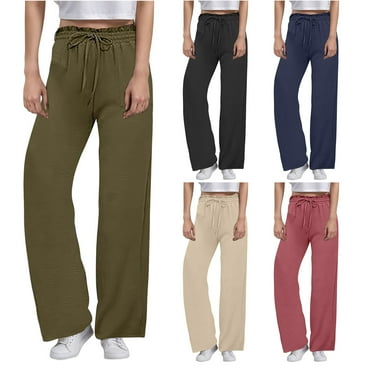 pstuiky Pants for Women, Women Solid Color High Waist Loose Fit Loose Flowy Plus Size Lounge Trousers Elastic Waisted Gift for Women Winter Savings Army Green L