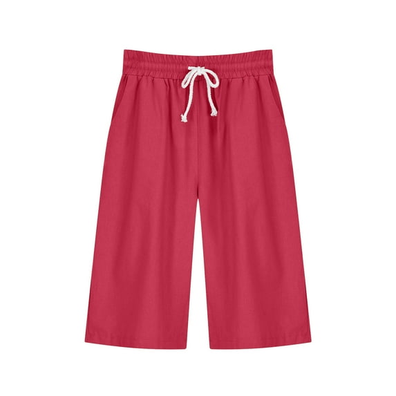 pstuiky Pants for Women, Women Summer Cotton and Linen Shorts Solid Color Fifth with Pocket Leisure Red M