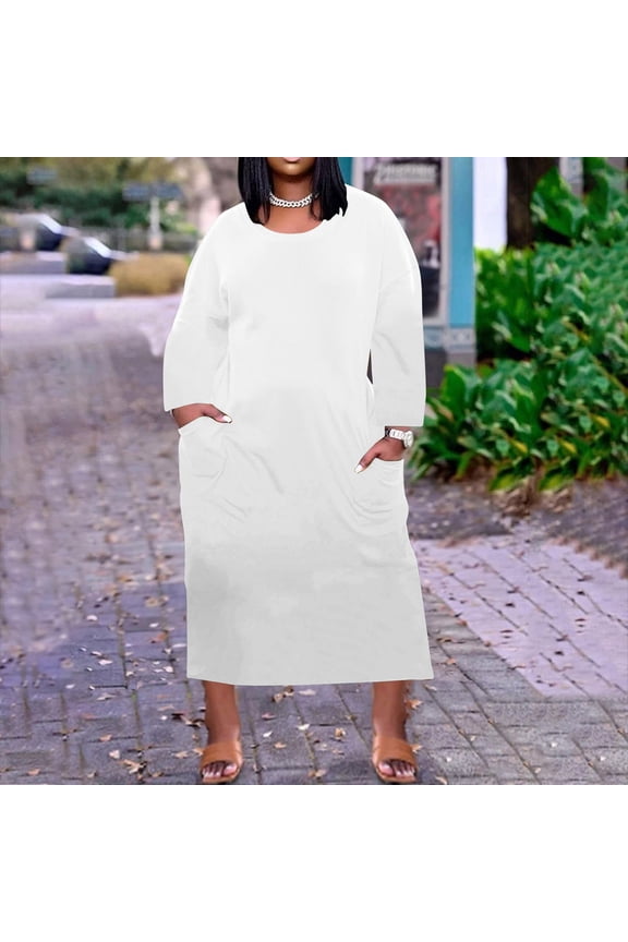 Plus Size Dress for Women Round-Neck Casual Sundresses Pocket Knee Long Sleeve with Pockets