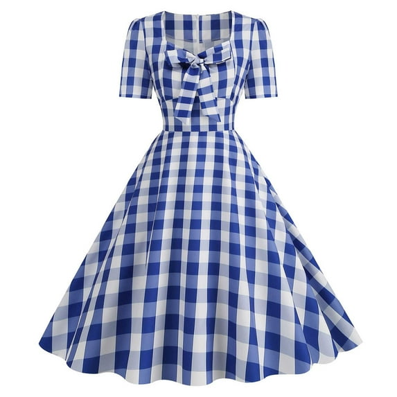 pstuiky Plus Size Dresses for Curvy Women, Plaid Printed T Shirt Dresses for Women Midi Dress Simple Short Sleeve Square Neckline Work Dresses for Women Holiday Gifts Blue M
