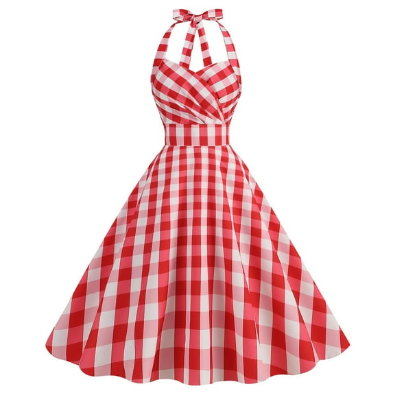 Dress pstuiky Women Hepburn Style Dress Vintage Plaid Print Dress Sleeveless V-Neck Dress Knee-Length Dress Clothing Dress Costumes for Party Red L