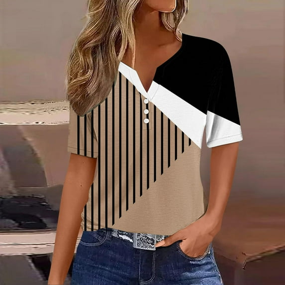 pstuiky Plus Size Tops for Women, Women's Casual Printed Color Short Sleeved Button V Neck Top Blouse Womens Plus Size Tops Plus Size Tops Final Markdown shirts