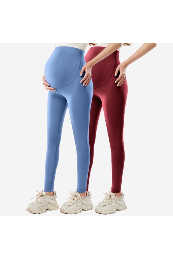 Pregnancy Leggings 2-Pack Solid Color Elastic Waistband Yoga Pants Breathable Long Leggings for Pregnancy Workout Lounge Activewear for Women Pregnancy Clothes