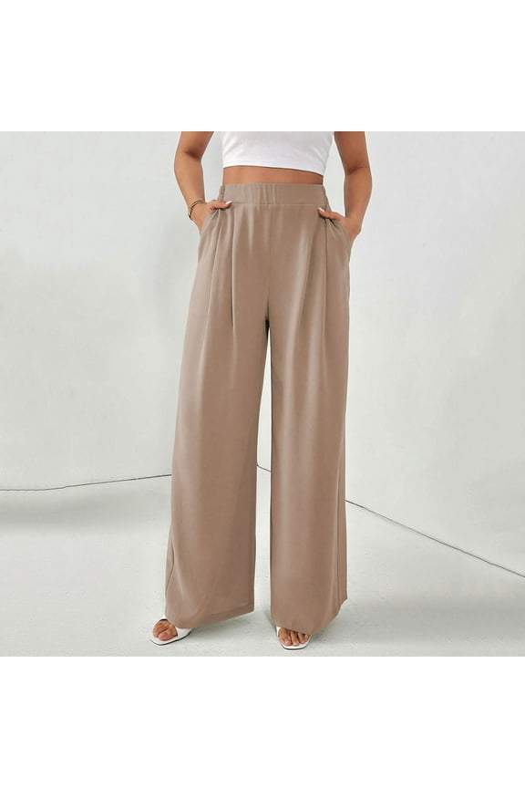 Pull on Dress Pants for Women, Solid Color Loose Long Straight Leg High Waisted Trousers with Pockets Summer Women's Pants Khaki M