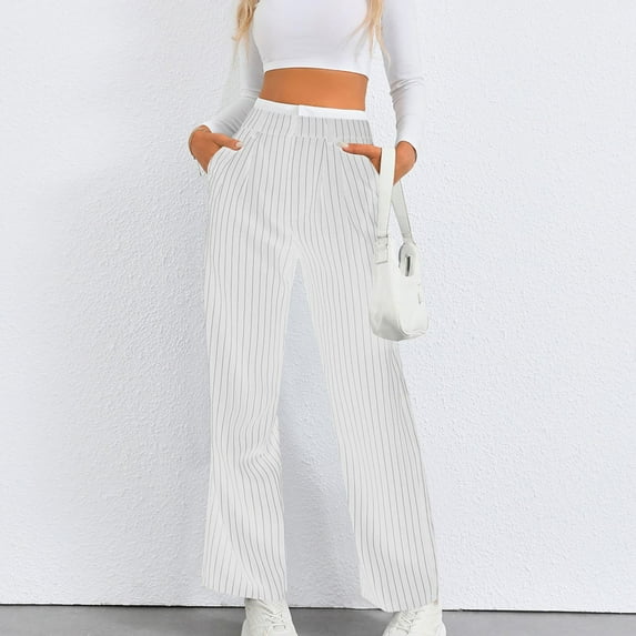 pstuiky Pull on Dress Pants for Women, Striped Loose Long Straight Leg High Waisted Outfits for Vacation Athletic Womens Dress Pants Holiday Gifts White S