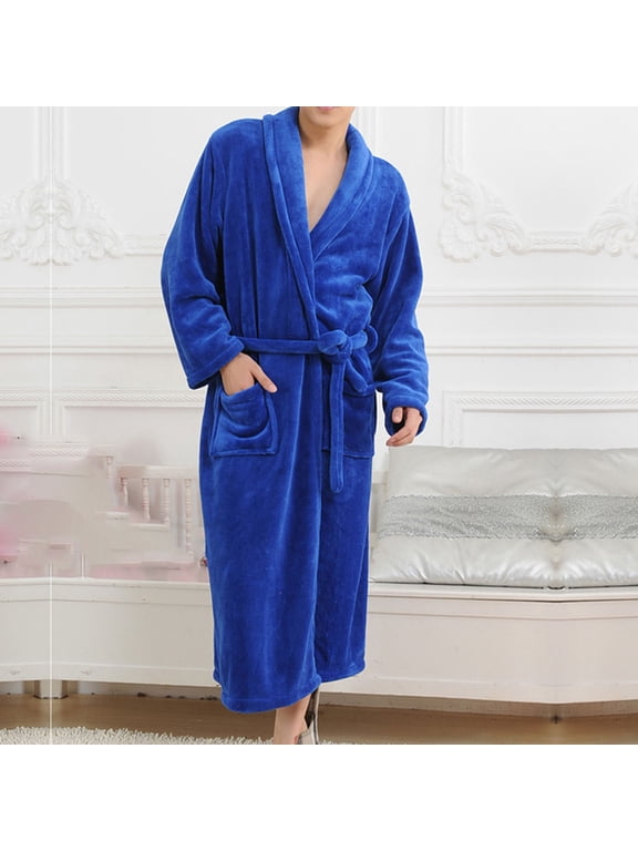 Robe, Unisex Regular Winter Warm Homewear Flannel Robe Bathrobe Long Pajamas Plush Robe Leisure Dark Blue #1 XL