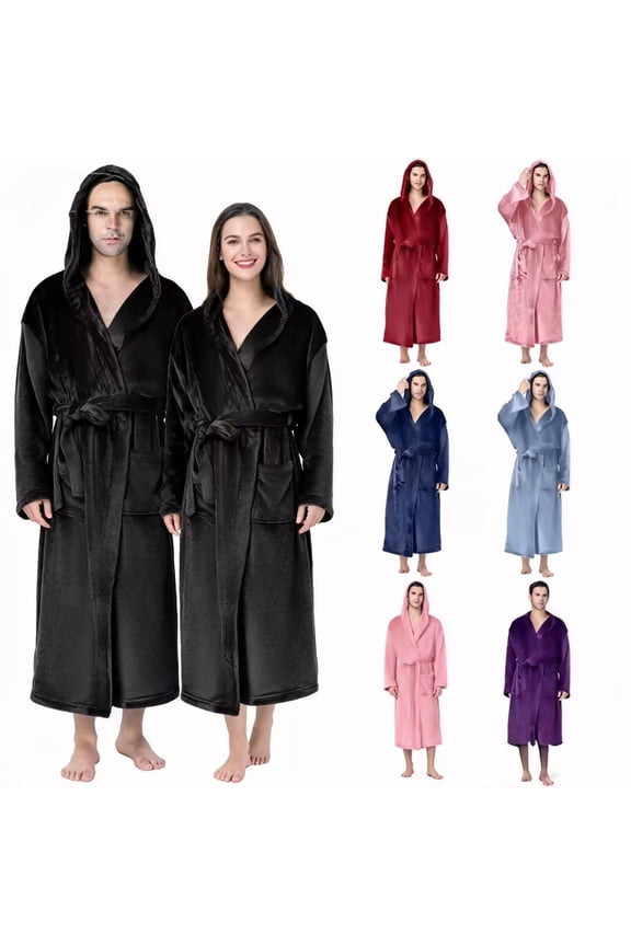 Long Hooded Robes for Women His and Hers Robes Flannel Robe Matching Robes for Couples Warm Thickened Bathrobe Plus Size Shower Robe with Ankle Full Floor Length Housecoats