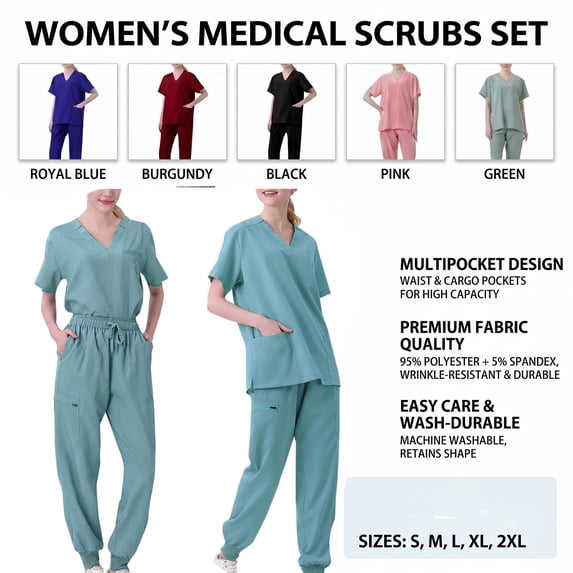 pstuiky Scrubs for Women, Women's Short Sleeve Round Neck Scrub Set Solid Color Nurse Uniform with Pants Casual Workwear for Nurses Work, Daily Wear and Home