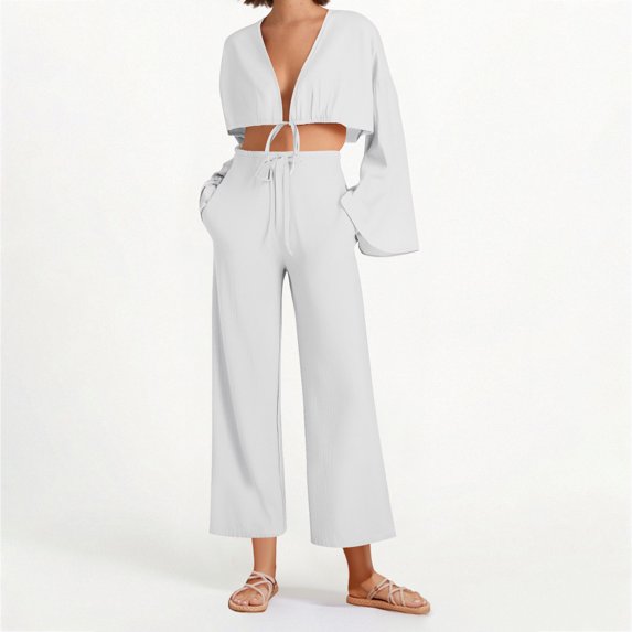 pstuiky Sexy Pajama Set for Women Oversized Solid Color Breathable Pajama Sets with Pants Summer Loose Fit V-Neck Long Sleeve Sleepwear White M