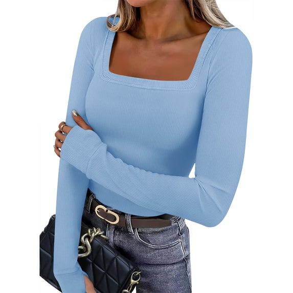 pstuiky Shirts for Women Trendy Scoop Neck Long Sleeve Women'S Clothing Lightweight Loose Fit Solid Color Clothes Outfits Workout Tops for Women