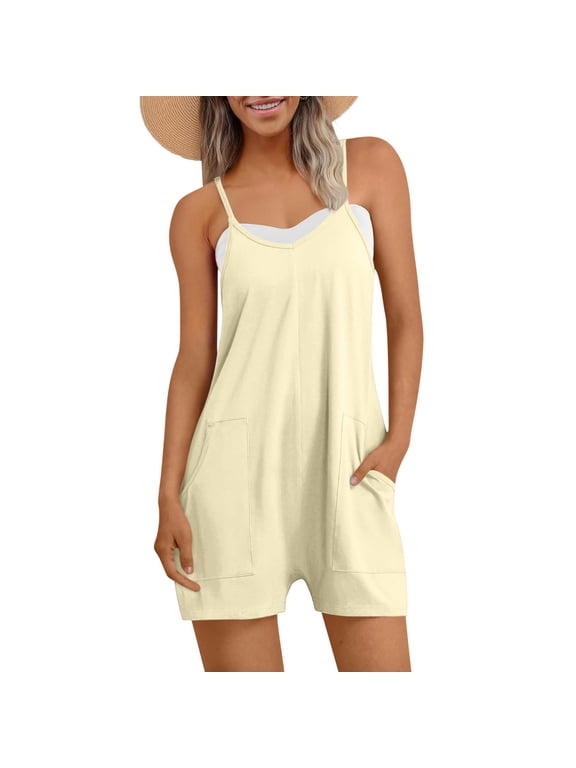 Short Jumpsuit for Women Solid Color Summer Casual Rompers Athletic Sleeveless Loose Spaghetti Strap Shorts Stretchy Overalls Jumpers with Pockets