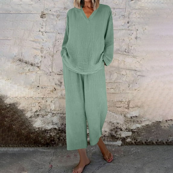 pstuiky Short Pajamas for Women Fashion Solid Color Breathable Pajama Sets with Pants Casual Loose Fit V-Neck Long Sleeve Sleepwear Loungewear Set Green XL