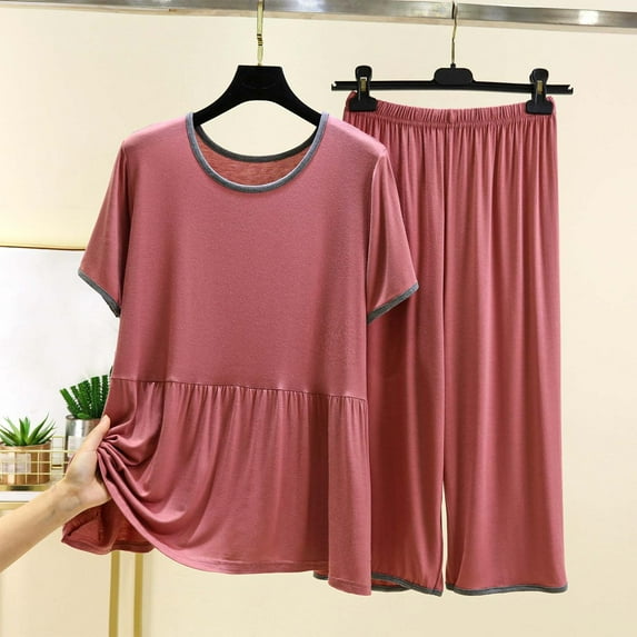 pstuiky Short Pajamas for Women Oversized Solid Color Breathable 2 Piece Sleepwear Casual Loose Fit Crew Neck Short Sleeve Pajama Sets with Shorts Womens Loungewear Set Pink XL