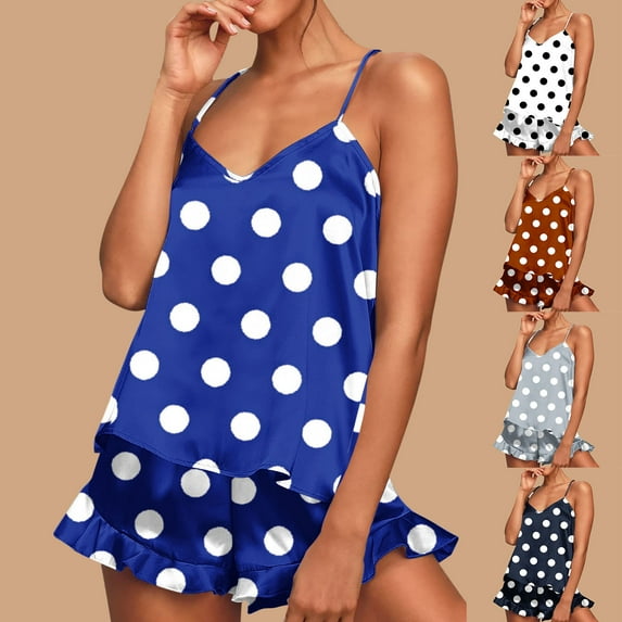 pstuiky Short Pajamas for Women Summer Polka Dots Cami Pajamas Sets Lounge Loose Fit Crew Neck Sleeveless Sleepwear with Shorts Loungewear for Teens Black S