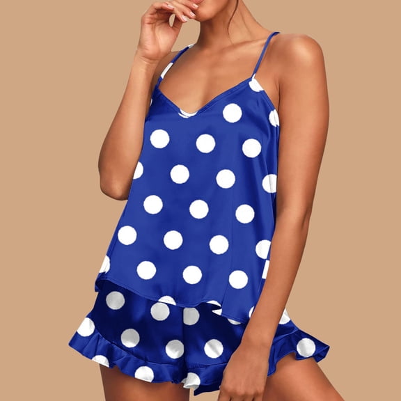 pstuiky Short Pajamas for Women Summer Polka Dots Cami Pajama Set Leisure Loose Fit Crew Neck Sleeveless Sleepwear with Shorts Loungewear Set Blue L