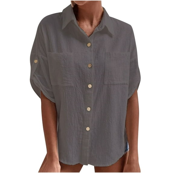 pstuiky Short Sleeve Button up Shirts for Women, Women's Short-Sleeved Lapel Button up Top Solid Color Cardigan Coat Shirt with Pocket Gray #1 M #1