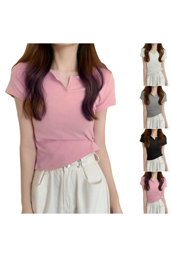 Short Sleeve Tops for Women Casual V-Neck Solid Color Fashion Clothing Breathable Loose Fit Comfortable Basic Tshirts Womens Blouses