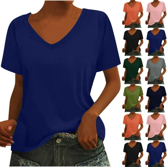 pstuiky Short Sleeve Workout Tops for Women Fashion V-Neck Solid Color Women'S Clothing Comfort Loose Fit Comfortable Fashion Clothing Women'S Workout Tops