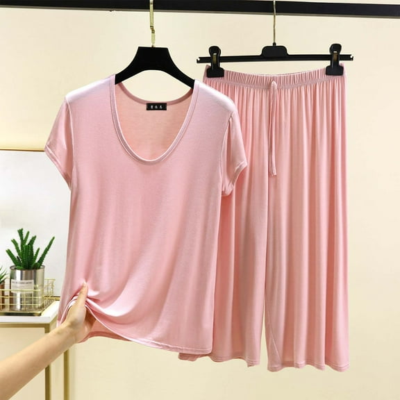 pstuiky Shorts Pajama Set for Women Oversized Solid Color Comfortable Comfy Lounge Sets Leisure Loose Fit V-Neck Short Sleeve Pajama Sets with Shorts Plus Size Sleepwear Pink L