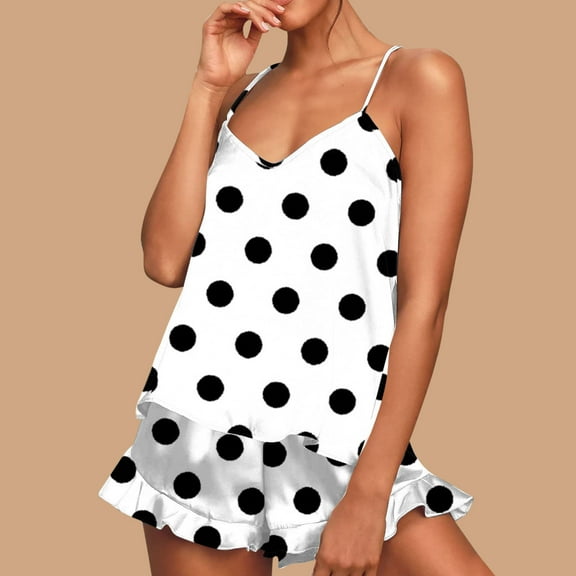 pstuiky Shorts Pajama Set for Women Summer Polka Dots Cami Pajamas Sets Casual Loose Fit Crew Neck Sleeveless Sleepwear with Shorts Loungewear Set White L