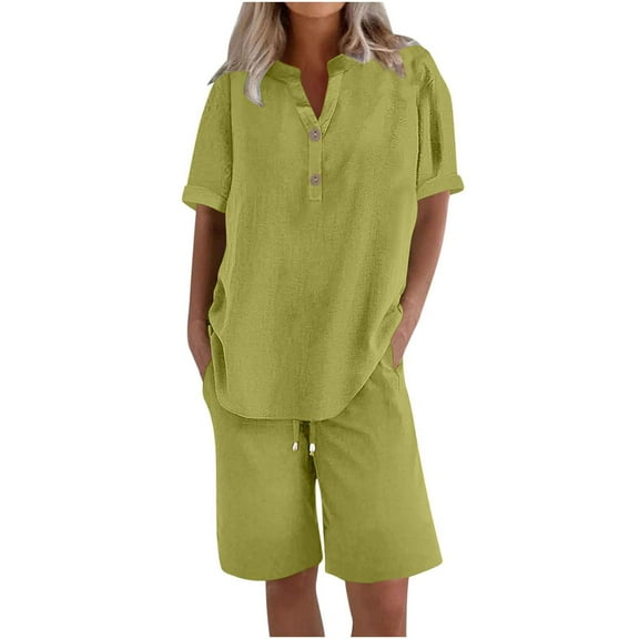 pstuiky Shorts Pajama Set for Women Summer Solid Color Breathable Pajama Sets Lounge Loose Fit V-Neck Short Sleeve Sleepwear with Shorts Plus Size Sleepwear Green S