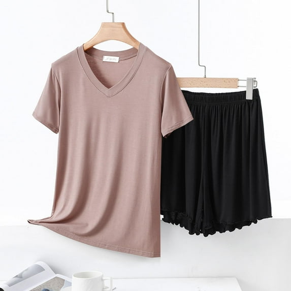 pstuiky Shorts Pajama Set for Women Summer Solid Color Lace 2 Piece Sleepwear Lounge Loose Fit V-Neck Short Sleeve Pajama Sets with Shorts Loungewear Sets Woman White XL