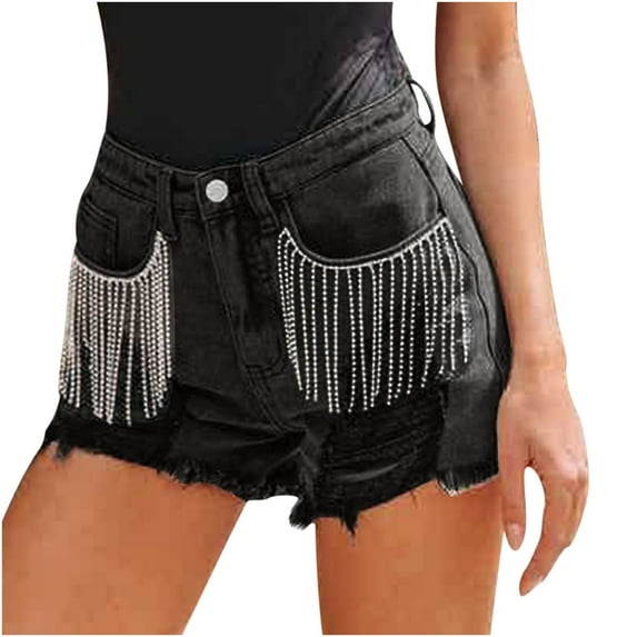 pstuiky Shorts, Women's Summer Fashion Chain Tassels Perforated Denim Shorts Plus Size Shorts Gym Shorts Women Shorts
