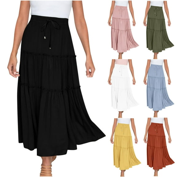 pstuiky Skirt for Women, Women Solid Color Casual Maxi Skirts Elastic High Waisted Flowy Skirts Summer Lightweight Long Skirts Leisure Summer Pink L