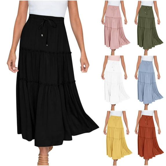 pstuiky Skirt for Women, Women Solid Color Casual Maxi Skirts Elastic High Waisted Flowy Skirts Summer Lightweight Long Skirts Leisure Summer Pink L