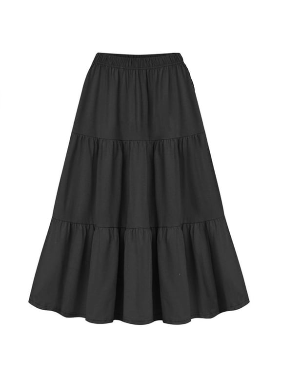 Skirt for Women , Women Casual Maxi Skirts Elastic High Waisted Flowy Skirts Summer Lightweight Long Skirts Leisure Summer Black XL
