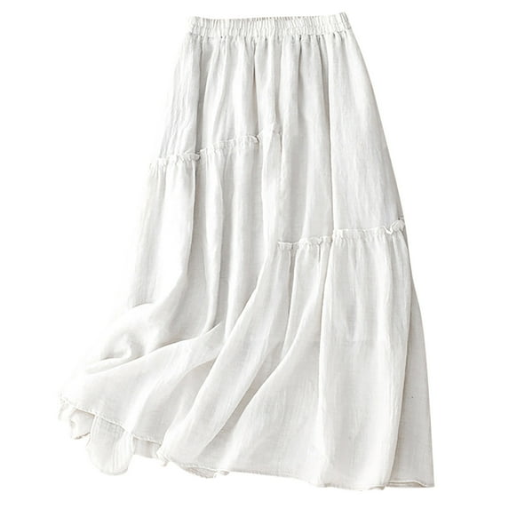 pstuiky Skirt for Women , Women Solid Color Summer Double Cotton Linen Skirt Mid-Calf Skirt Leisure