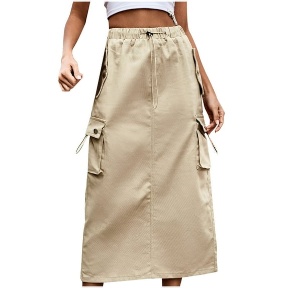 pstuiky Skirt for Women , Women Solid Color Tooling Skirt Elastic Waist Skirt Button Zipper Lace-Up Skirt Mid-Calf Skirt Pocket Leisure