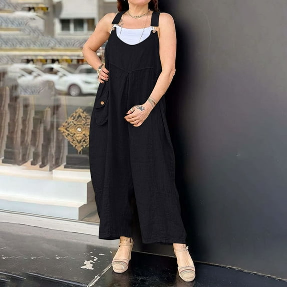 pstuiky Wide Leg Jumpsuits for Women Dressy Solid Color Sleeveless V-Neck Casual Romper with Pockets Casual Loose Adjustable Straps Women Overalls Trendy Summer Outfits Clothes
