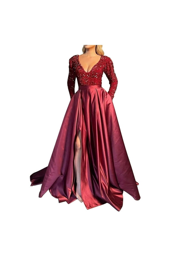 Sparkle Dress Plus Size, Women Sequin Dress V Neck High Split Dress Elegant Sexy Dress Party Cocktail Maxi Dress Wedding Guest Wine XXL