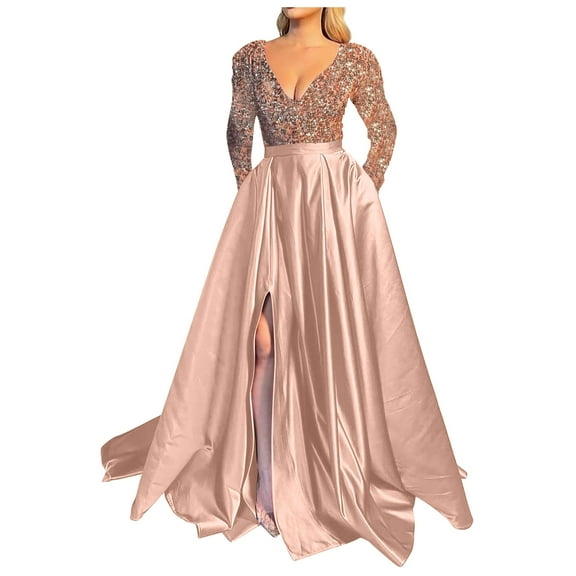 pstuiky Sparkle Dress Plus Size, Women Sequin Dress V Neck High Split Dress Elegant Sexy Dress Party Cocktail Maxi Dress Wedding Guest Pink XL