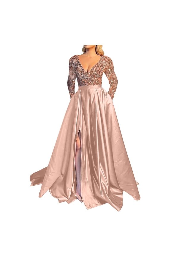 Sparkle Dress Plus Size, Women Sequin Dress V Neck High Split Dress Elegant Dress Party Cocktail Maxi Dress Wedding Guest Pink XL