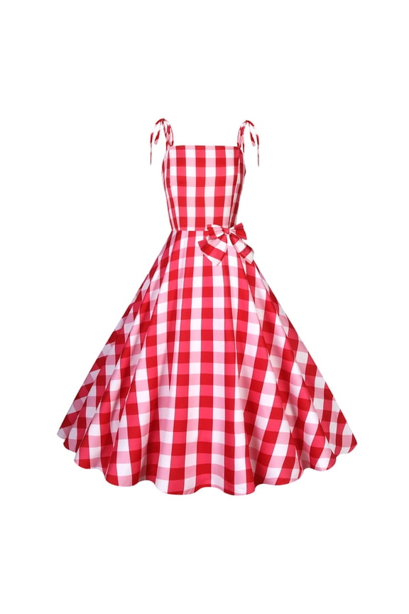 Women Hepburn Style Dress Vintage Plaid Print Dress Sleeveless V-Neck Dress Knee-Length Dress Halloween Clothing Dress Halloween Costumes for Party Red XL