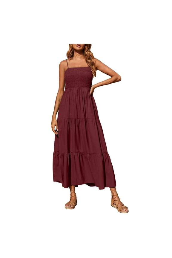 Summer Dress, Women Halter Sleeveless Bohemian Maxi Dress Pleated High-Waisted Dress Ankle Dress Sun Dress Leisure Plus Size Dresses for Women Wine m