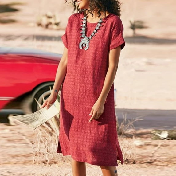 pstuiky Summer Dress, Women Short-Sleeved Crewneck Dress Summer Solid Color Casual Mid-Calf Dress Leisure Red M