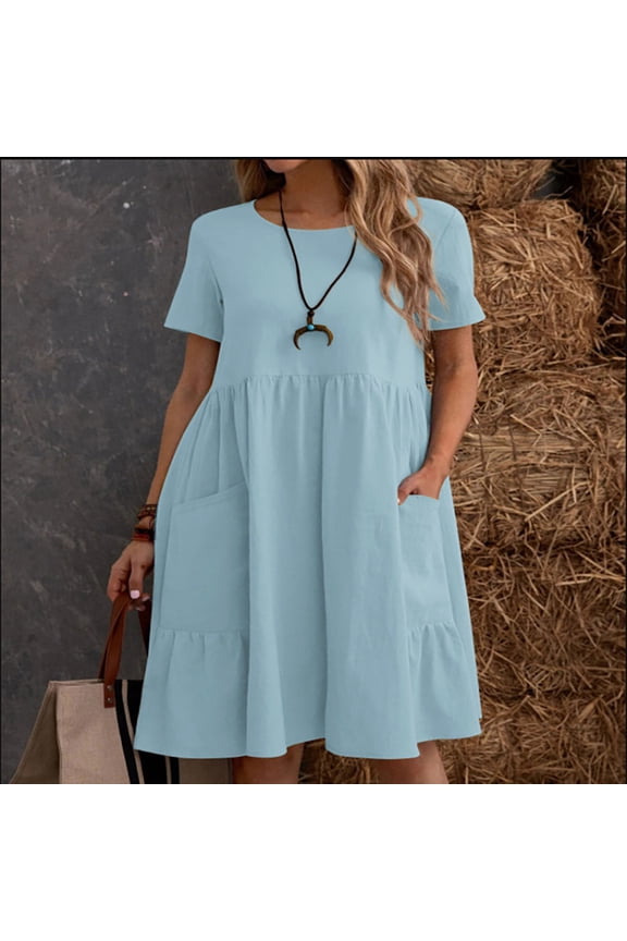 Summer Dress, Women Summer Cotton and Linen Dress Short Sleeve Crewneck Dress Beach Casual T-Shirt Plus Solid Color Loose Vest Skirt Pocket Leisure