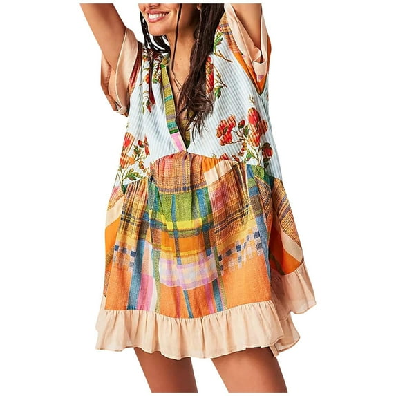 pstuiky Summer Dresses, Print Boho Dresses for Women Ruffles Midi Dress Casual Short Sleeve V-Neck Work Dresses for Women with Pockets Holiday Deals Orange L