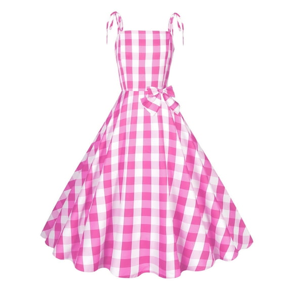 pstuiky Summer Dresses for Women 2025, Plaid Printed Cocktail & Party Dresses Midi Dress Fashion Sleeveless V-Neck Formal Dresses for Women Vintage Dress Pink XL