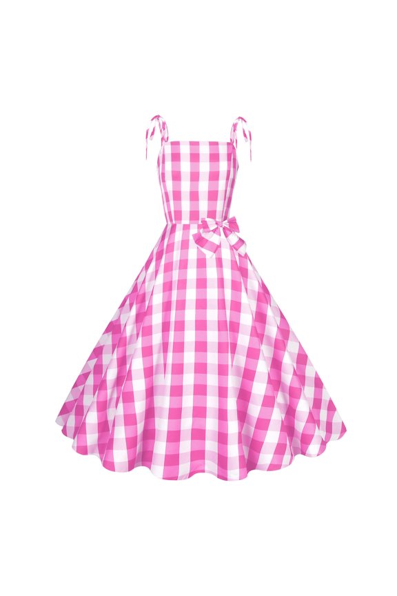 Dress pstuiky Women Hepburn Style Dress Vintage Plaid Print Dress Sleeveless V-Neck Dress Knee-Length Dress Clothing Dress Costumes for Party Pink M