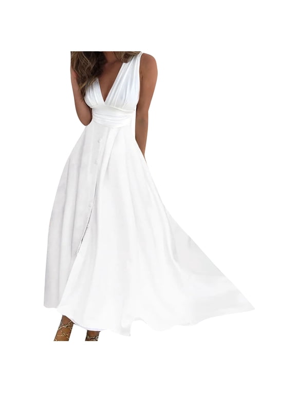 Summer Dresses , Women Sleeveless V-Neck Dress Breast Wrap Gown Long Skirt Dress High Waist Floor-Length Dress Maxi Dress Leisure White XXXL