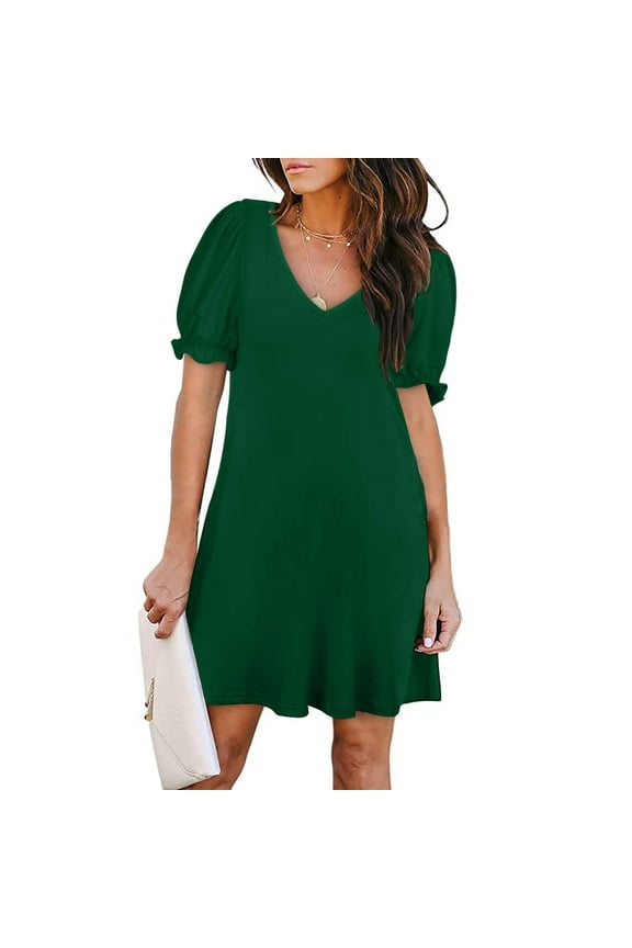 Summer Dresses , Women Summer Solid Color Short-Sleeved Square Neck Dress Puffed Sleeve Dress T-Shirt Dress Knee-Length Dress Leisure Green S